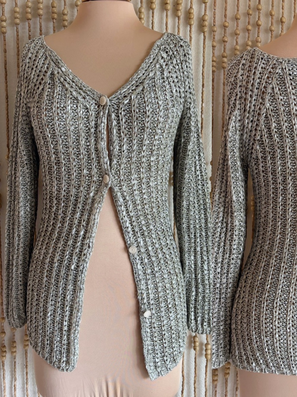 Vintage y2k Sage Green Crochet Buttermom Boho Cottage Button Down Long Sleeve